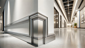 Baguettes d'angle en acier inoxydable, aluminium et PVC protégeant un angle mural dans un couloir commercial moderne
