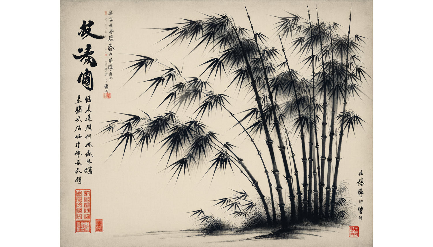 Peinture à l'encre de bambous dans le style des lettrés chinois, tradition wenrenhua, calligraphie gestuelle minimaliste sur papier de riz