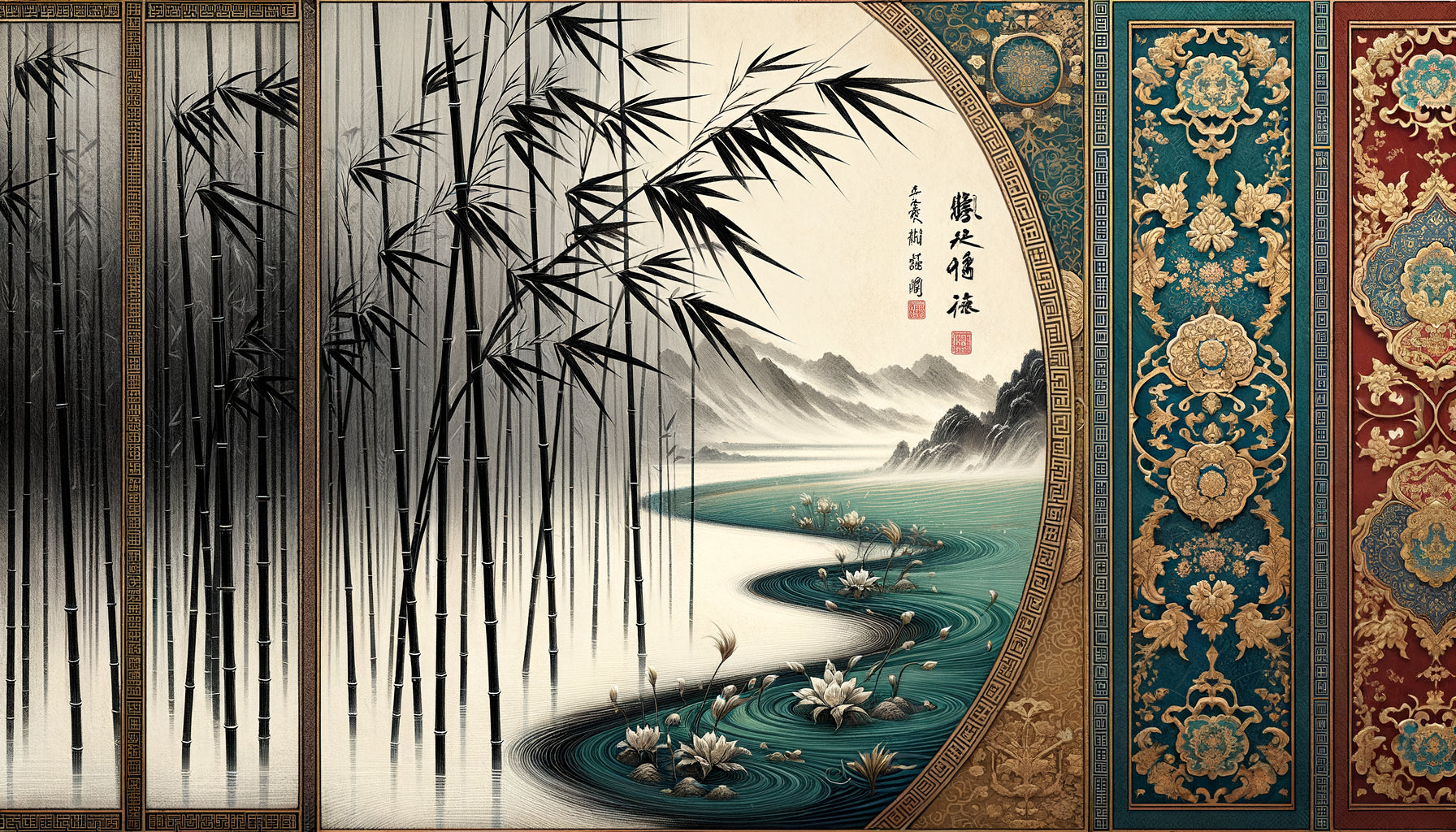 Comparaison visuelle entre peinture chinoise à l'encre de bambous et miniature persane aux roseaux, traditions orientales anciennes