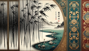 Comparaison visuelle entre peinture chinoise à l'encre de bambous et miniature persane aux roseaux, traditions orientales anciennes