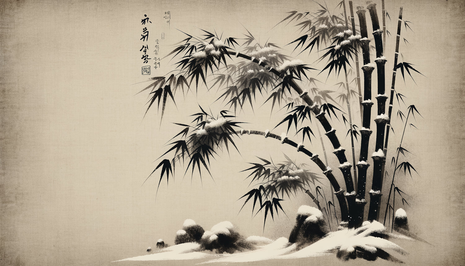 Peinture traditionnelle coréenne à l'encre représentant des bambous ployant sous la neige, style Joseon, symbolisme de résilience