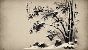 Peinture traditionnelle coréenne à l'encre représentant des bambous ployant sous la neige, style Joseon, symbolisme de résilience