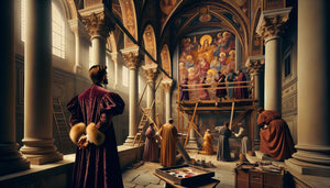 Banquier florentin Renaissance observant des fresquistes au travail sur un cycle mural monumental dans église florentine du 15ème siècle