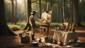 Peintre de l'école de Barbizon préparant sa toile en forêt de Fontainebleau, années 1840, techniques d'encollage et d'apprêt en plein air