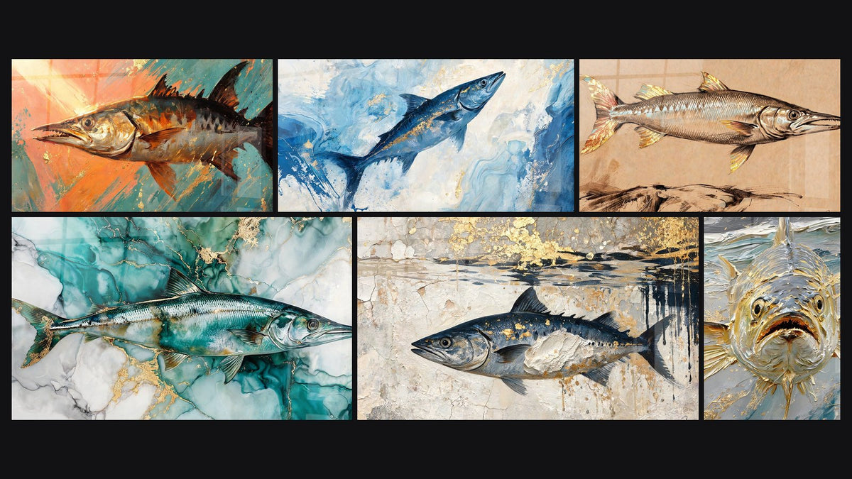 Mosaïque de six tableaux, dont Barracuda bleu et doré sur marbrure crème et Barracuda argenté aux nageoires dorées