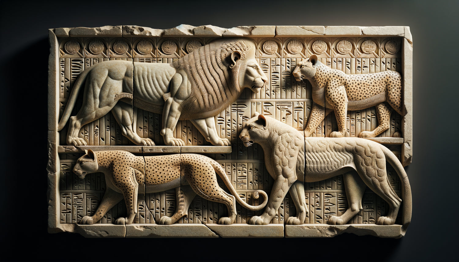 Bas-relief assyrien antique de Ninive montrant lions, léopards et guépards sculptés dans la pierre, style néo-assyrien 7ème siècle av. J.-C.