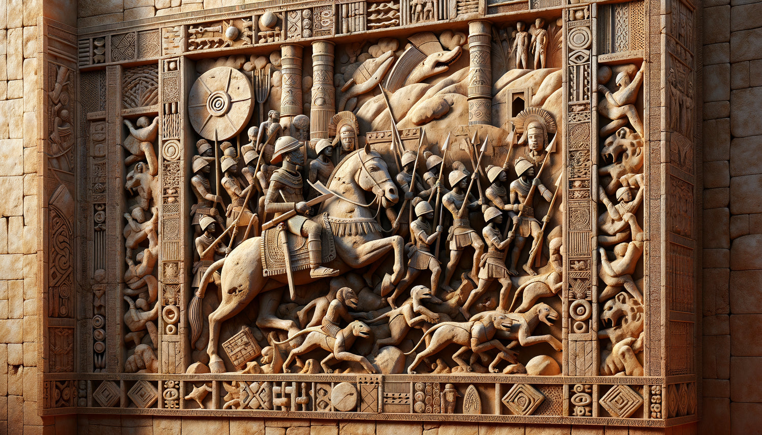 Bas-relief en argile du royaume d'Abomey, XVIIIe siècle, représentant des guerriers et symboles animaliers documentant les victoires militaires