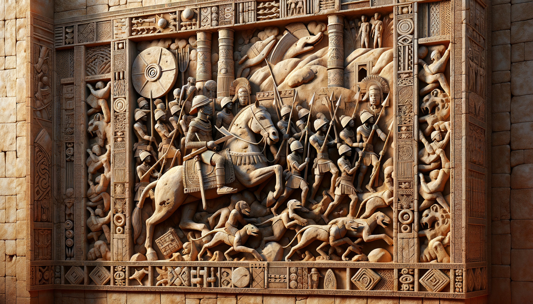 Bas-relief en argile du royaume d'Abomey, XVIIIe siècle, représentant des guerriers et symboles animaliers documentant les victoires militaires