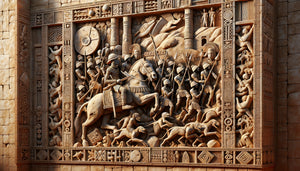 Bas-relief en argile du royaume d'Abomey, XVIIIe siècle, représentant des guerriers et symboles animaliers documentant les victoires militaires