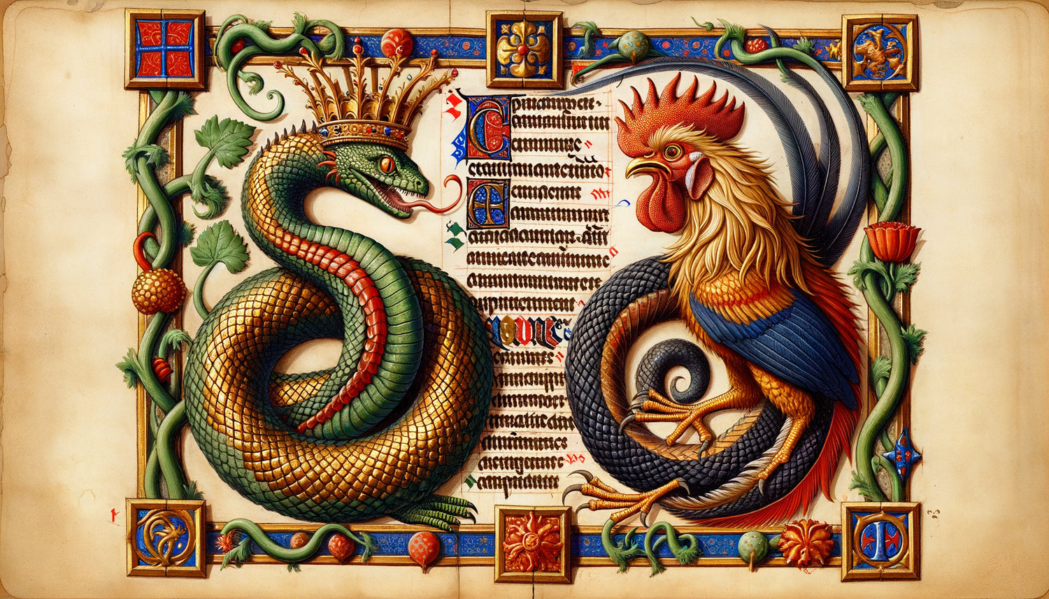 Enluminure médiévale montrant l'évolution du basilic : serpent couronné antique et créature hybride coq-reptile, style manuscrit gothique