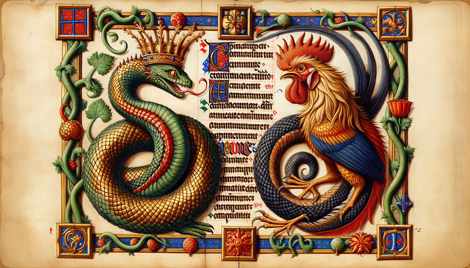 Enluminure médiévale montrant l'évolution du basilic : serpent couronné antique et créature hybride coq-reptile, style manuscrit gothique