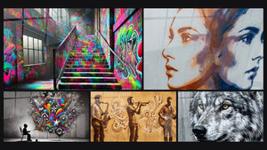 Mozaïek van vijf schilderijen, waaronder The Urban Spirit