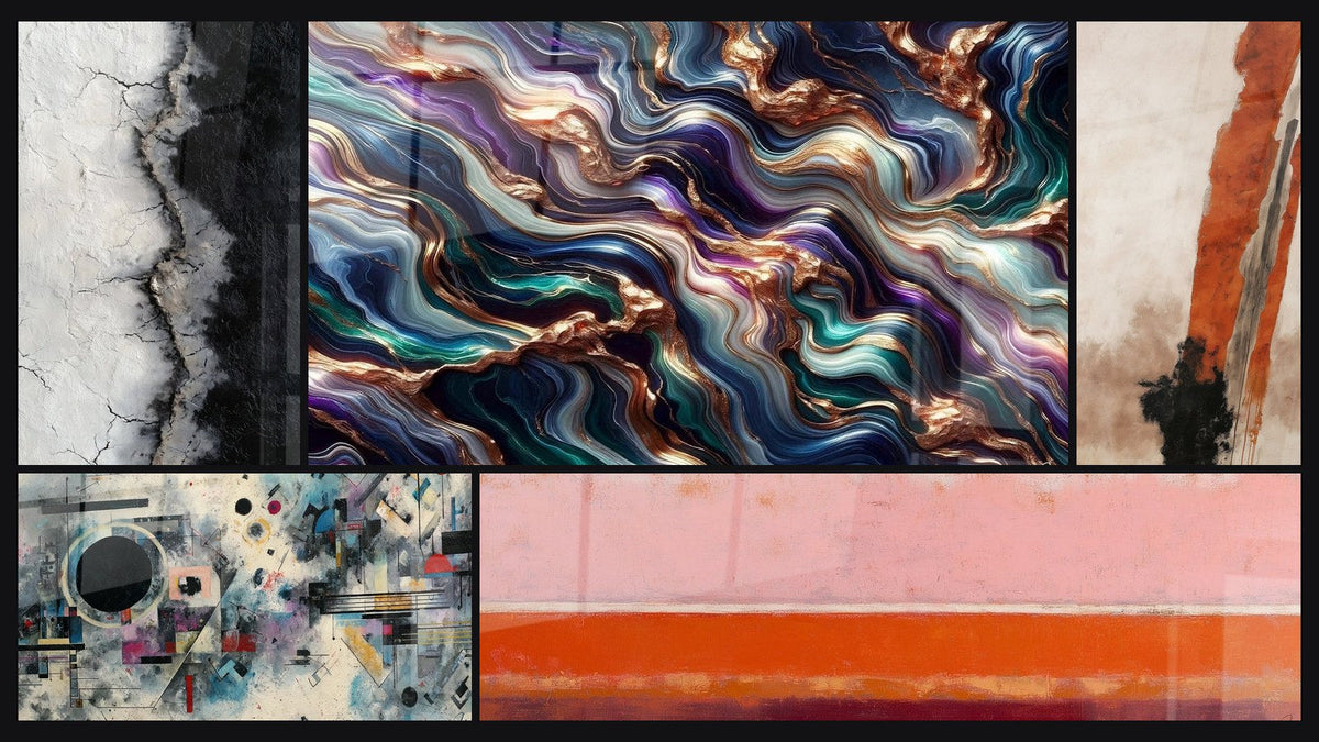 Mosaic of five paintings, including Serenade Mineral Abstract and Abstract Geometric Composition