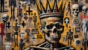 Œuvre néo-expressionniste style Jean-Michel Basquiat, lignes gestuelles noires, symboles primitifs, esthétique graffiti urbain années 1980