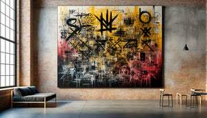 Œuvre murale style Basquiat néo-expressionniste avec couronne et figures primitives dans loft urbain industriel avec mur de briques
