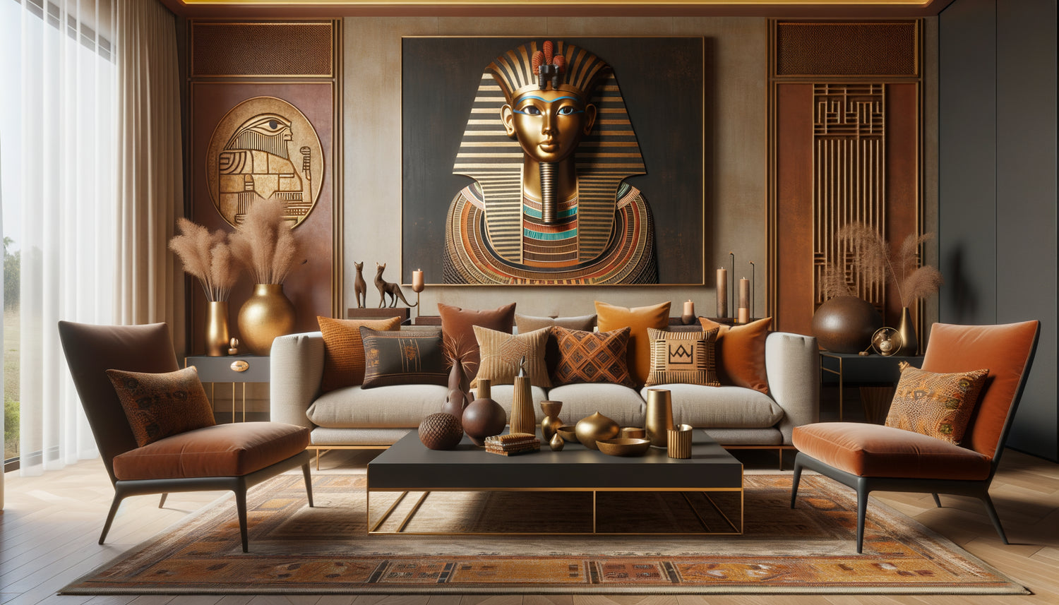 Intérieur africain contemporain avec tableau mural de Bastet, décoration harmonieuse aux tons terreux et textiles africains modernes