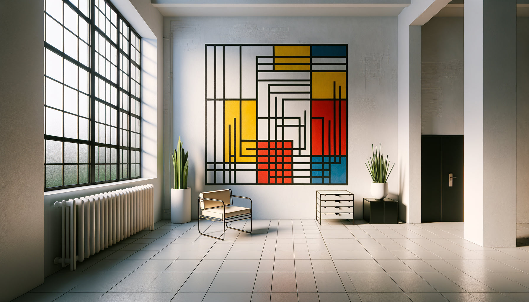 Intérieur Bauhaus années 1920 avec peinture murale géométrique aux couleurs primaires intégrée à l'architecture fonctionnelle moderniste