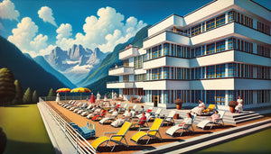 Terrasse de sanatorium moderniste années 1930, architecture Bauhaus fonctionnaliste avec larges baies vitrées et mobilier tubulaire thérapeutique