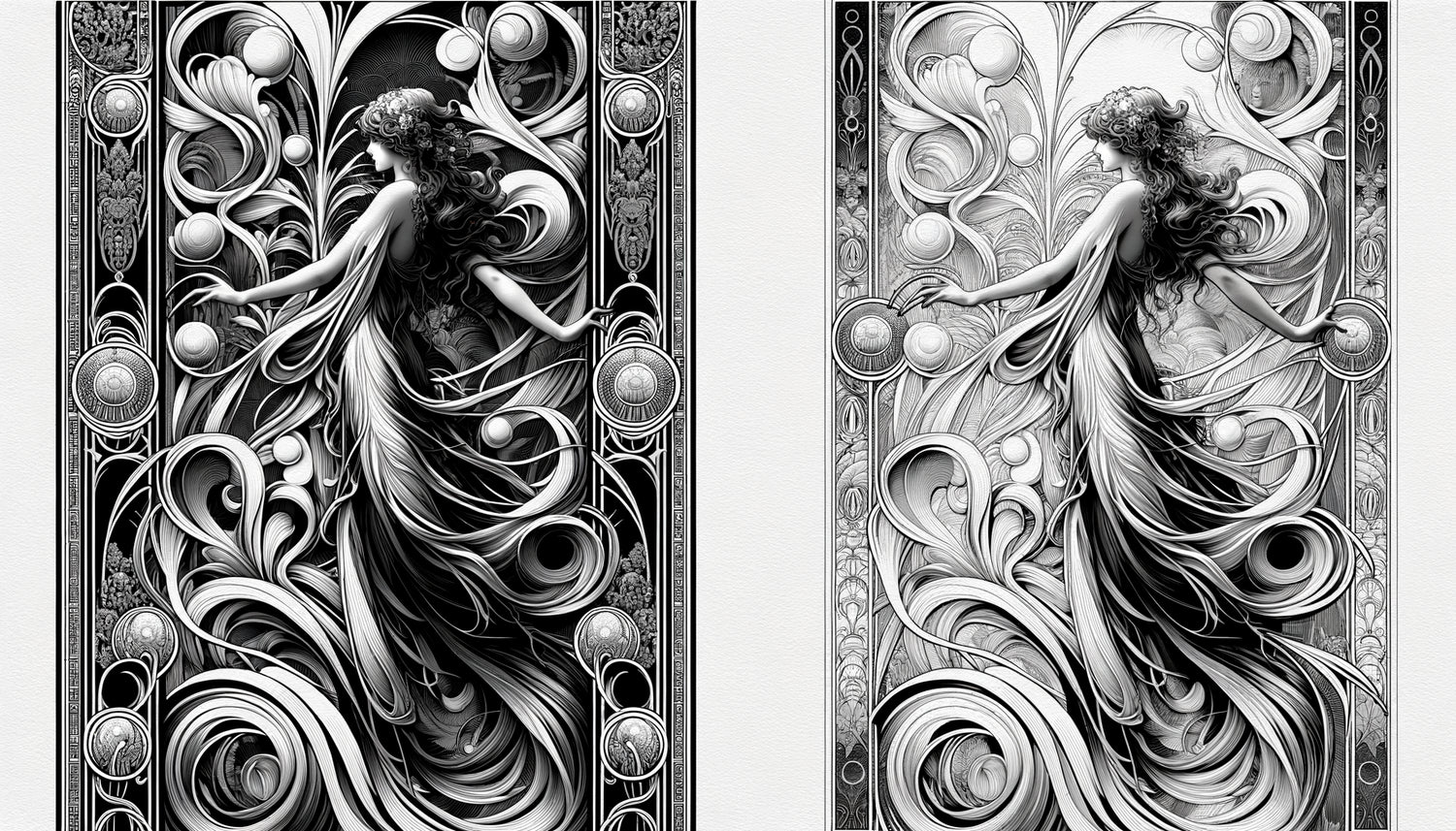 Illustration Art Nouveau en noir et blanc pur style Aubrey Beardsley années 1890 Londres lignes organiques audacieuses