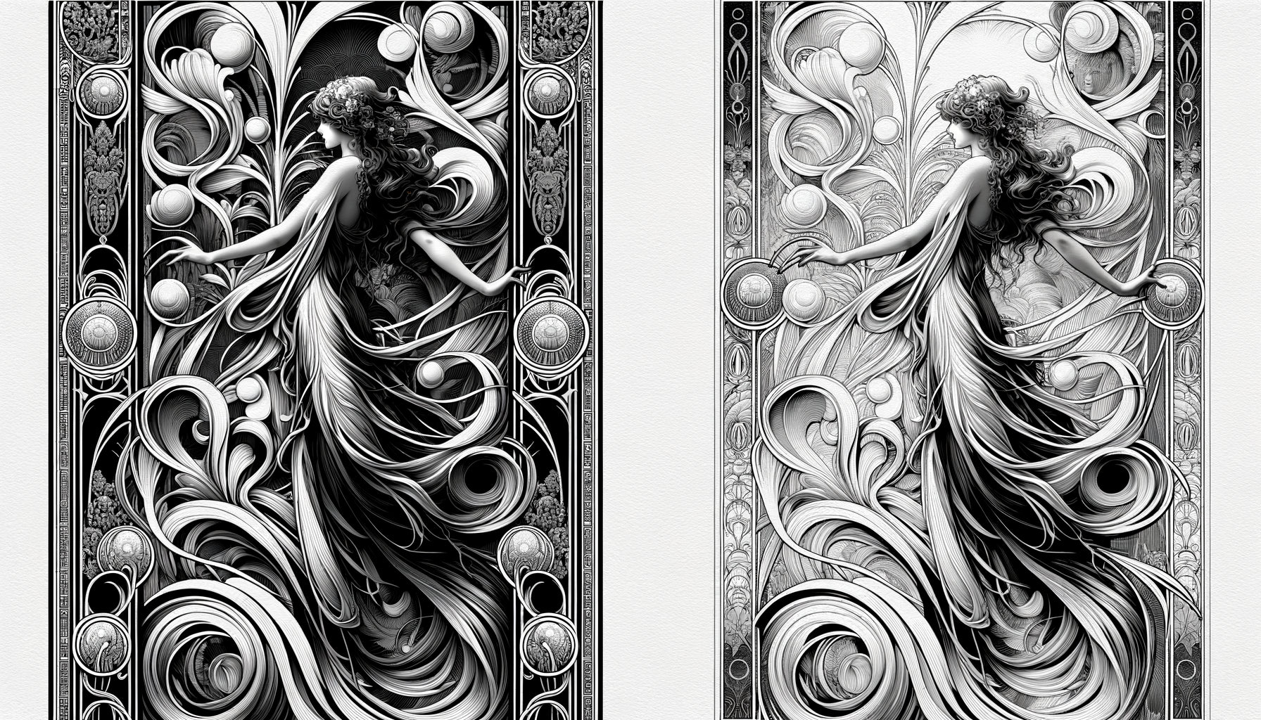 Illustration Art Nouveau en noir et blanc pur style Aubrey Beardsley années 1890 Londres lignes organiques audacieuses