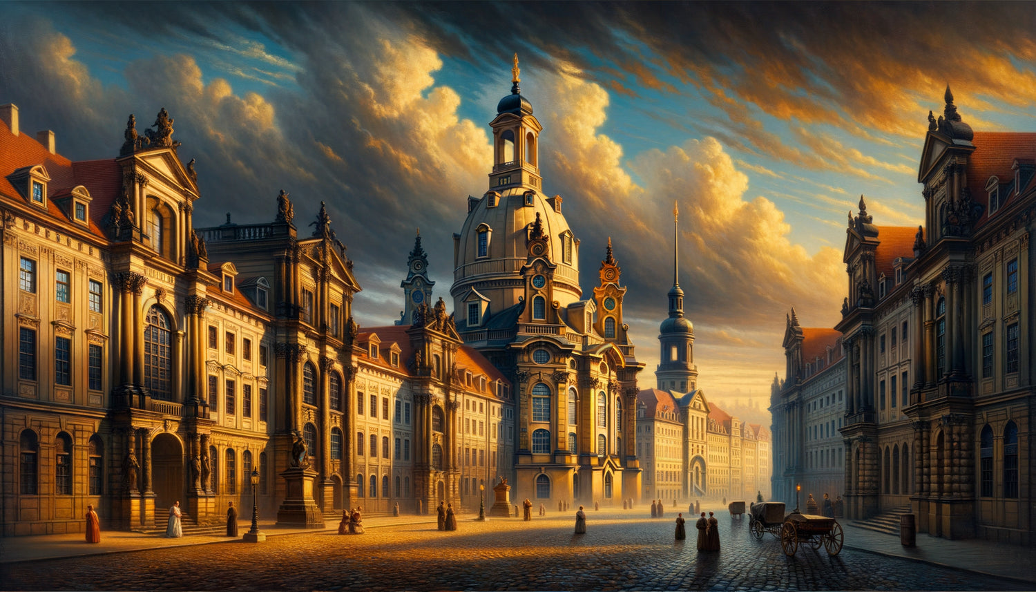 Veduta urbaine du XVIIIe siècle dans le style précis de Bernardo Bellotto avec architecture baroque détaillée