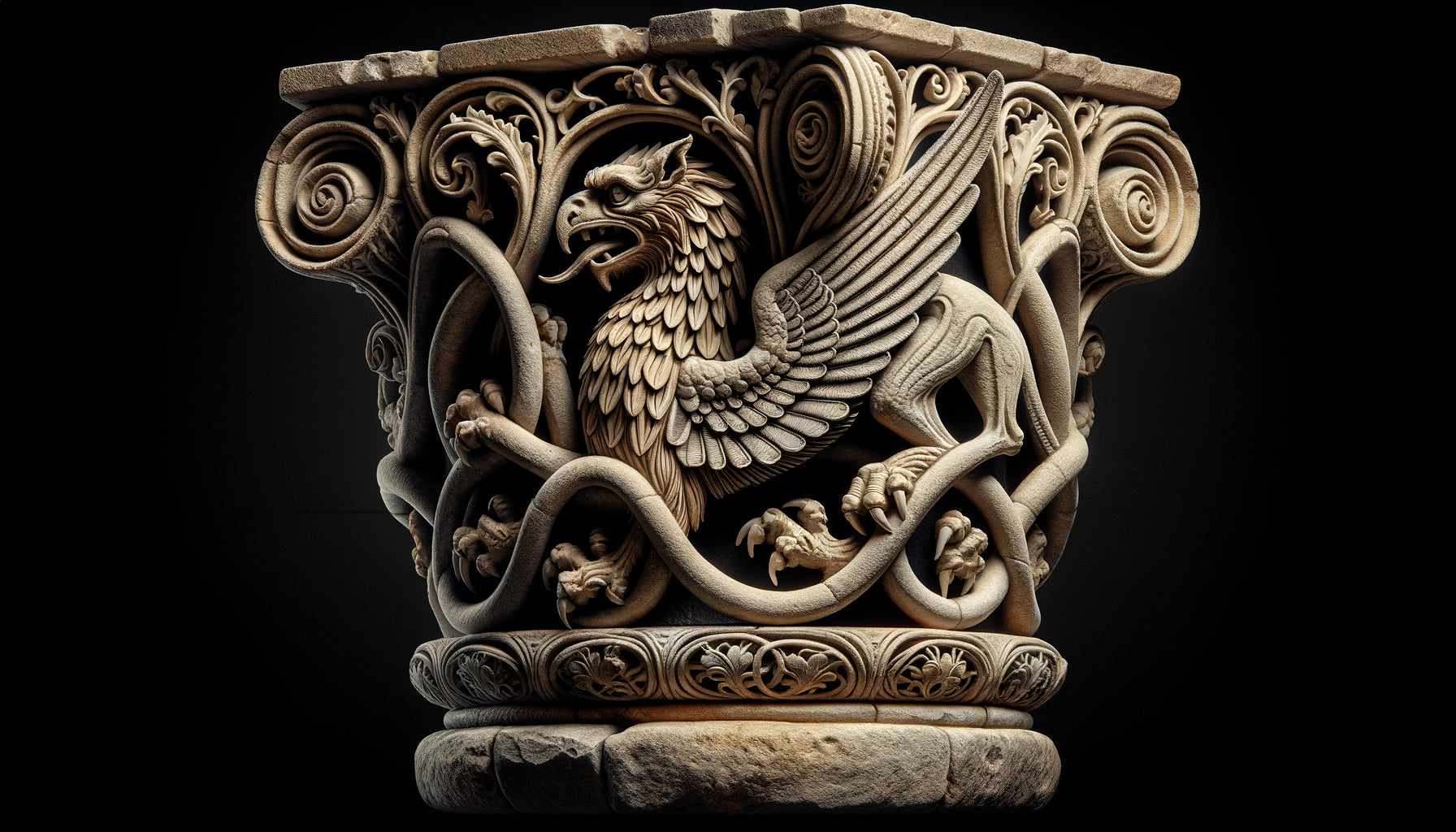 Chapiteau roman du XIIe siècle sculpté de griffons et dragons entrelacés, art mural médiéval en pierre