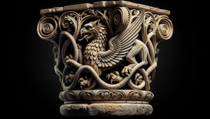 Chapiteau roman du XIIe siècle sculpté de griffons et dragons entrelacés, art mural médiéval en pierre
