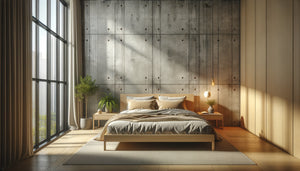 Chambre Airbnb moderne avec mur en béton ciré gris, design minimaliste et chaleureux, lumière naturelle