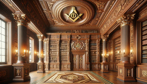 Bibliothèque du XVIIIe siècle avec plafond orné de symboles maçonniques : compas, équerre et étoile flamboyante dorés
