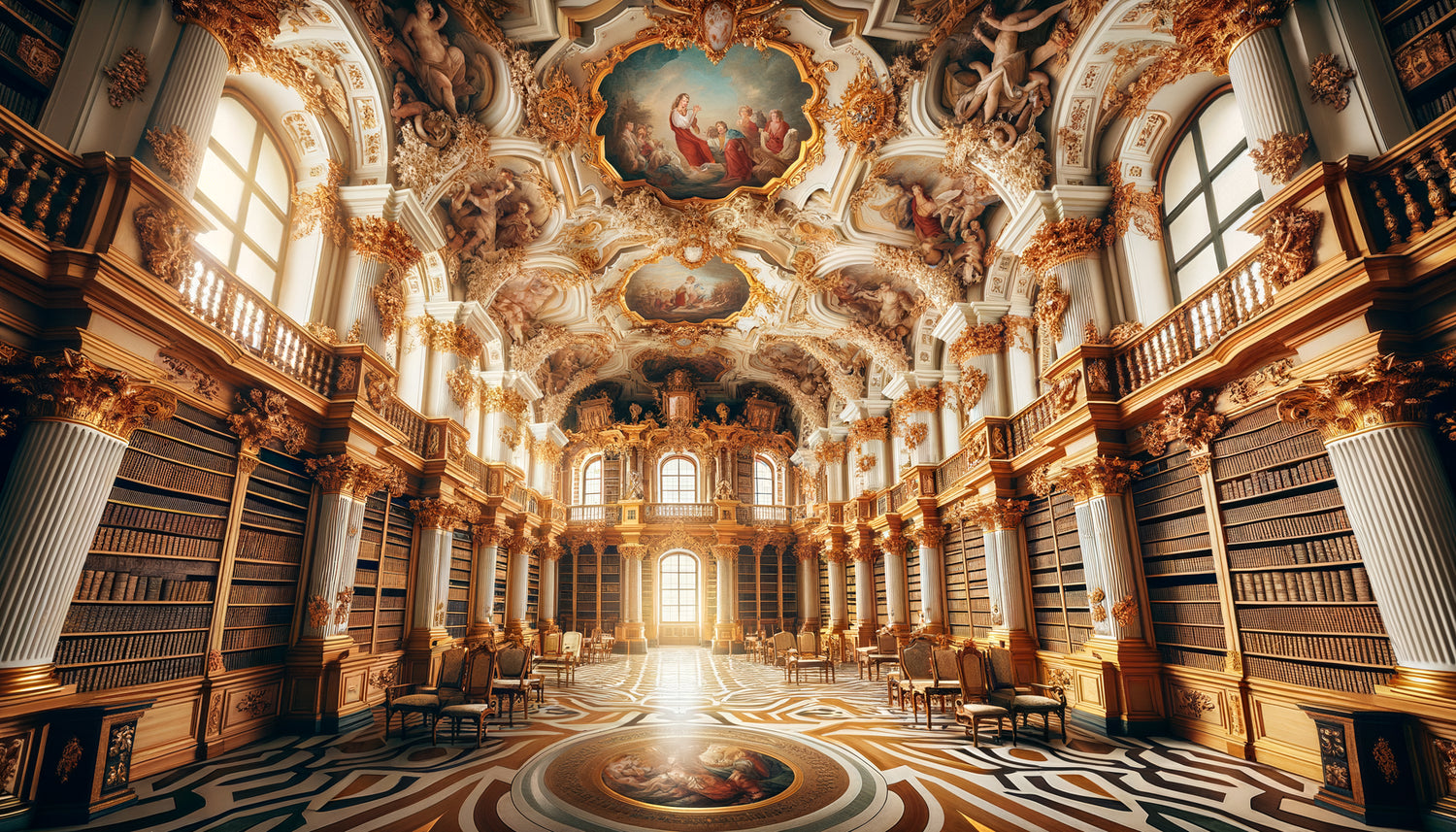 Intérieur de la bibliothèque baroque de l'abbaye de Saint-Gall avec fresques allégoriques, stucs dorés et rayonnages du 18ème siècle
