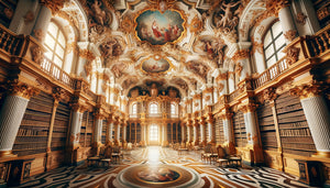 Intérieur de la bibliothèque baroque de l'abbaye de Saint-Gall avec fresques allégoriques, stucs dorés et rayonnages du 18ème siècle