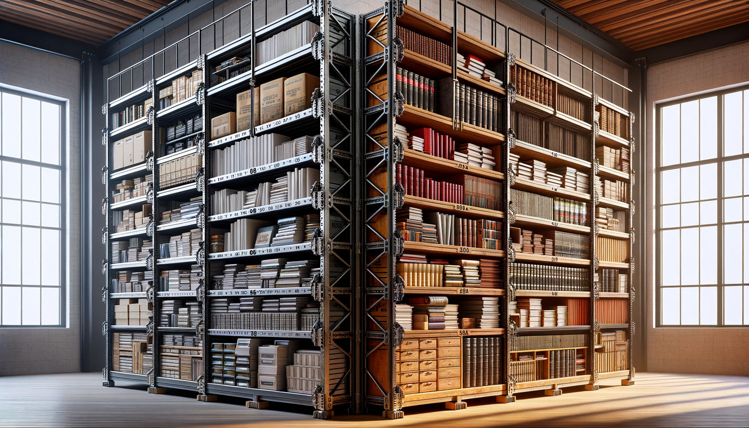 Comparaison photographique entre bibliothèque en acier supportant charge importante et bibliothèque en bois massif avec charge modérée