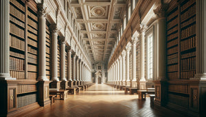 Intérieur sobre de la bibliothèque Angelica à Rome au XVIIe siècle, architecture baroque minimaliste contrastant avec l'opulence de l'époque