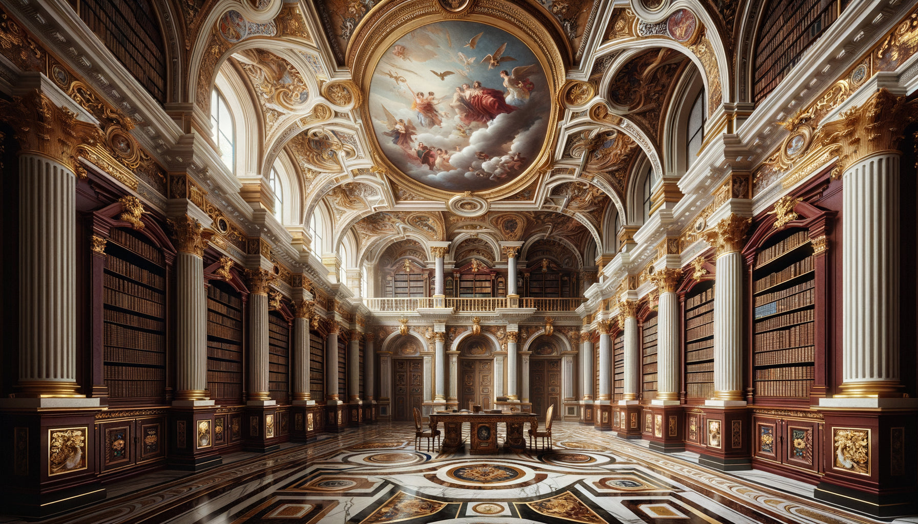 Bibliothèque aristocratique baroque du XVIIe siècle avec perspective illusionniste au plafond créant une architecture en trompe-l'œil