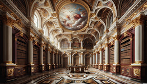 Bibliothèque aristocratique baroque du XVIIe siècle avec perspective illusionniste au plafond créant une architecture en trompe-l'œil