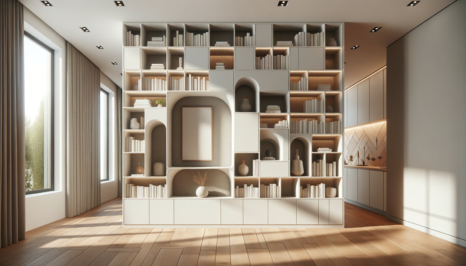 Bibliothèque moderne asymétrique avec alcôve vide, design contemporain épuré, équilibre visuel à créer