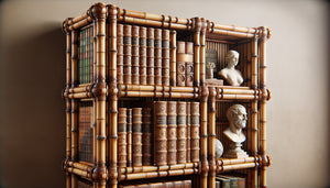 Bibliothèque en bambou robuste supportant encyclopédies anciennes reliées cuir et sculptures en pierre, démontrant sa résistance mécanique