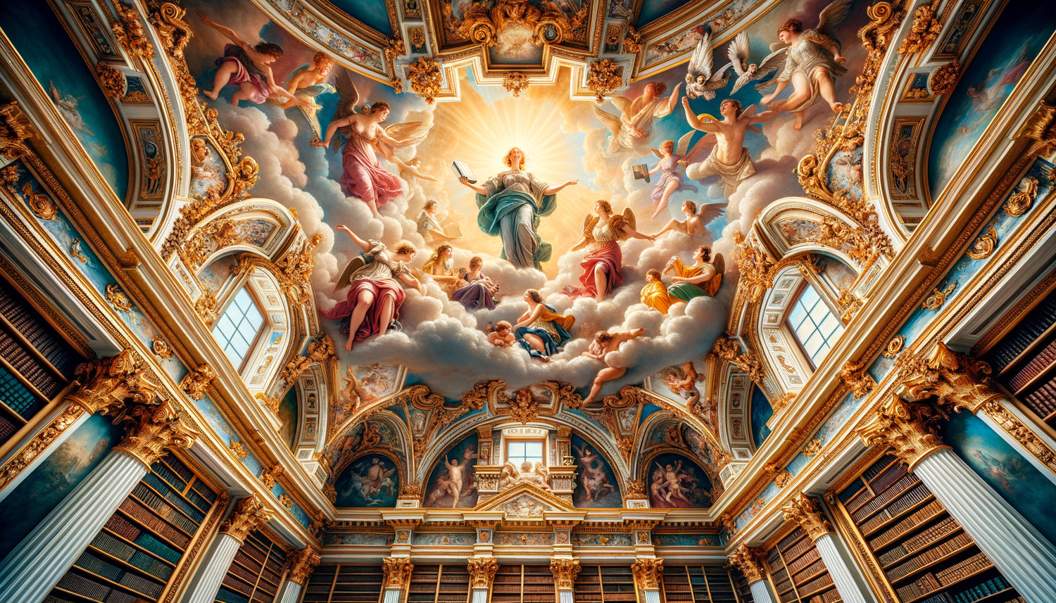 Fresque baroque allégorique du 17e siècle sur voûte de bibliothèque avec figures symboliques du savoir