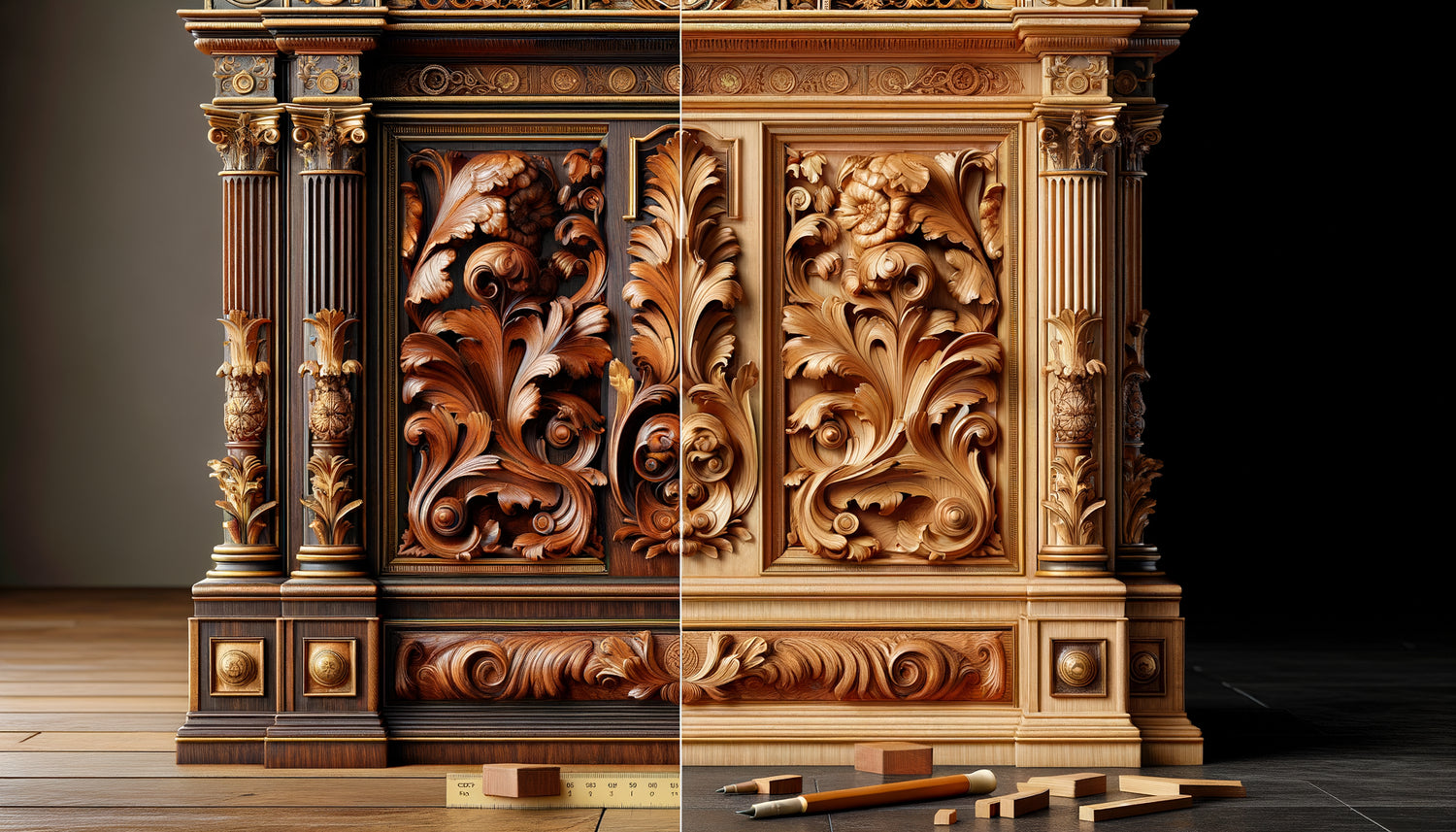 Détail rapproché d'une bibliothèque baroque montrant la différence entre bois d'origine XVIIe et ajouts XIXe siècle