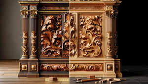 Détail rapproché d'une bibliothèque baroque montrant la différence entre bois d'origine XVIIe et ajouts XIXe siècle