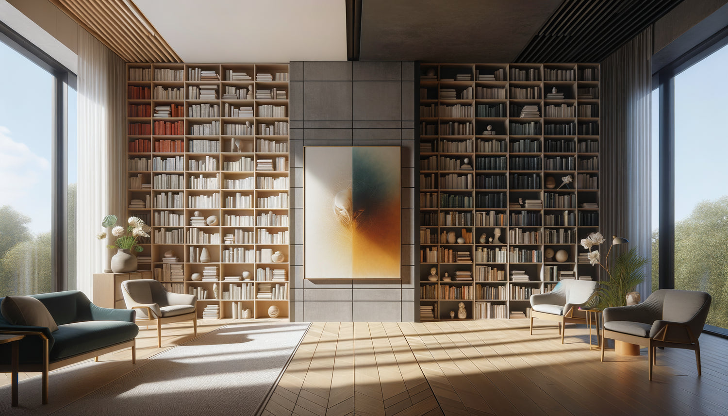 Bibliothèque contemporaine saturée de livres avec comparaison art abstrait minimaliste versus art figuratif détaillé