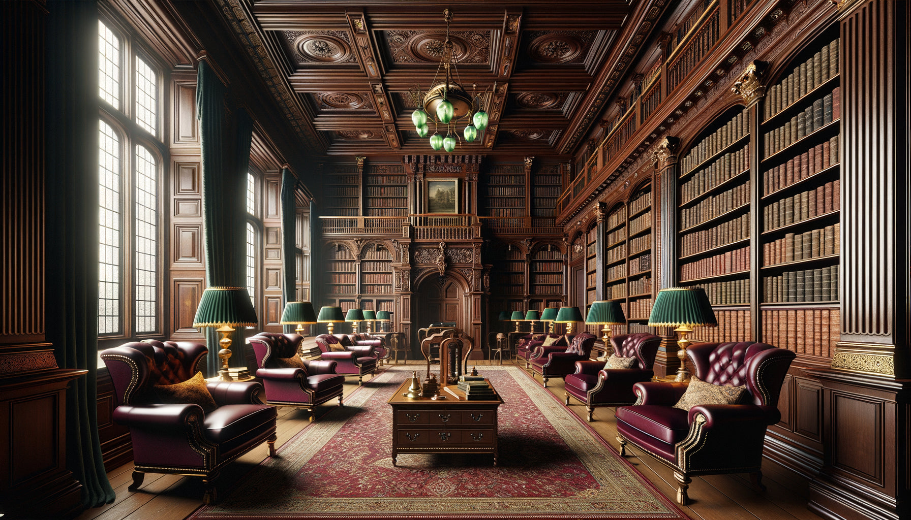 Intérieur de bibliothèque coloniale britannique en Inde époque victorienne, esthétique anglaise pure sans aucun décor indien