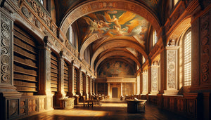 Intérieur de bibliothèque coloniale mexicaine baroque avec fresques mêlant anges chrétiens et serpents à plumes précolombiens