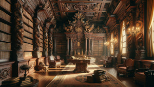 Intérieur de bibliothèque coloniale espagnole aux Philippines, fusion architecturale sino-hispanique avec dragons sculptés et incrustations de nacre, 18e siècle