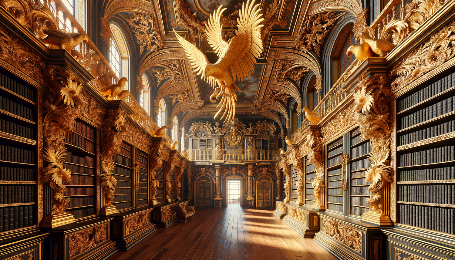 Intérieur de bibliothèque coloniale portugaise baroque au Brésil avec perroquets sculptés dorés, palmiers et bois de jacaranda, 18ème siècle