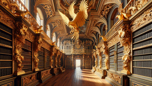 Intérieur de bibliothèque coloniale portugaise baroque au Brésil avec perroquets sculptés dorés, palmiers et bois de jacaranda, 18ème siècle