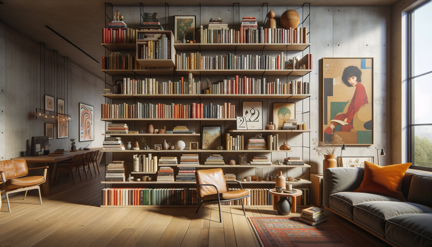 Bibliothèque design contemporaine avec arrangement asymétrique organique mélangeant livres, œuvres d'art et objets personnels pour un intérieur authentique