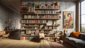 Bibliothèque design contemporaine avec arrangement asymétrique organique mélangeant livres, œuvres d'art et objets personnels pour un intérieur authentique