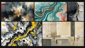 Mozaïek van vijf schilderijen, waaronder Georganiseerde Chaos, Aquarelgetijtafel en Zwart Impact