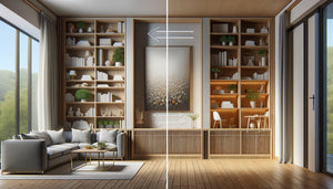 Comparaison visuelle bibliothèque avec fond versus sans fond montrant circulation air autour œuvres murales